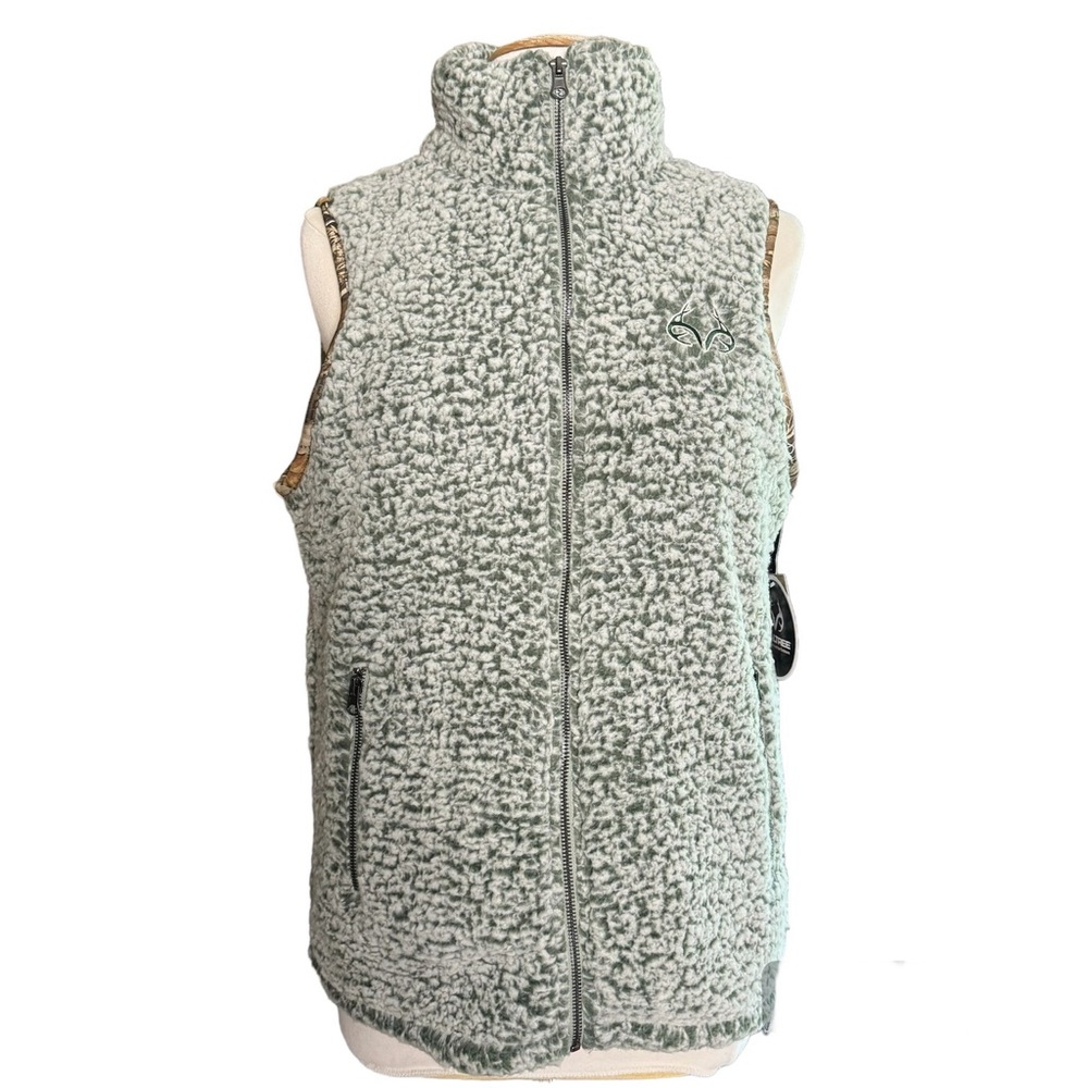 Real Tree by Colliseum Faux Sherpa Vest Size XL Pale Green with Camo trim